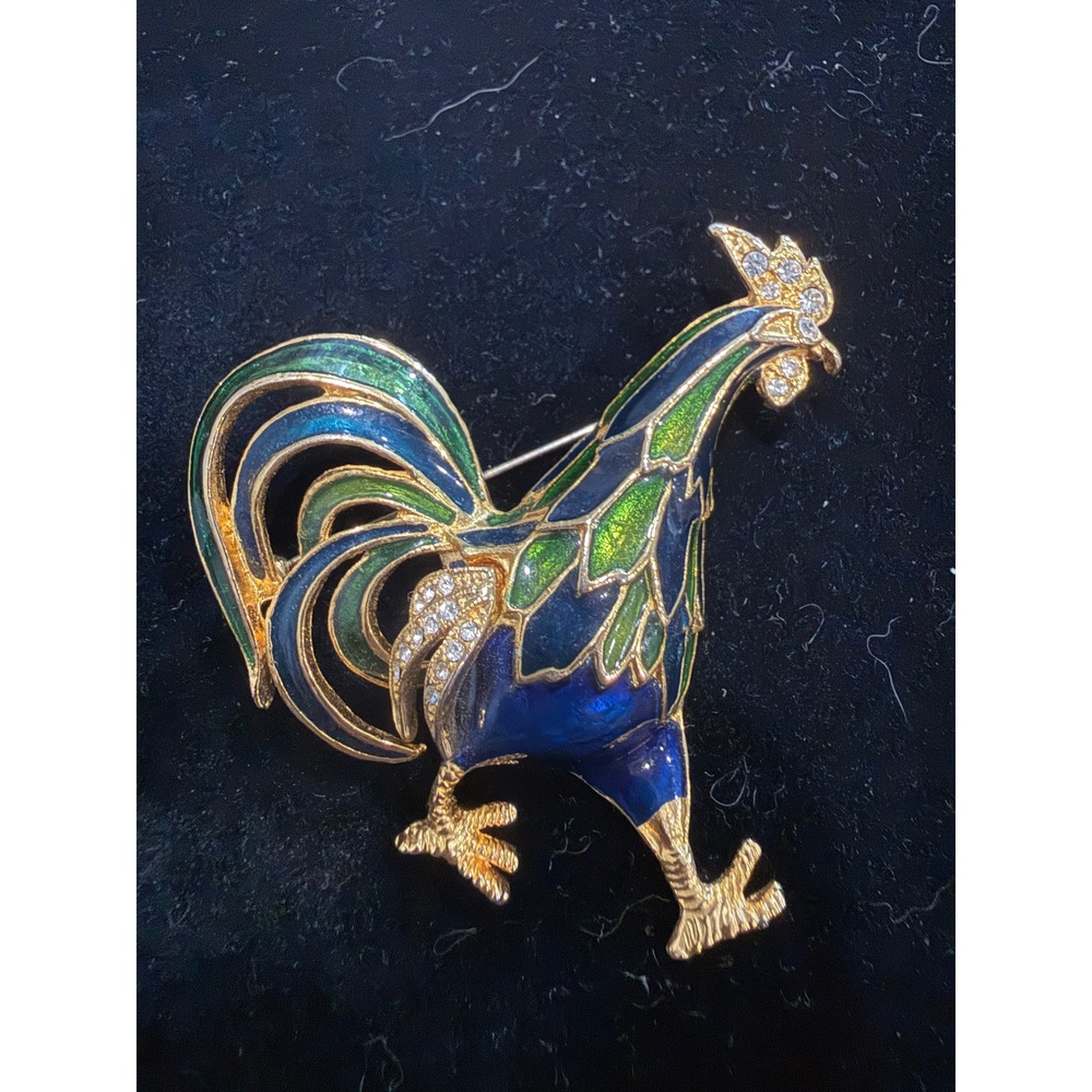Vintage Style Rooster Brooch Gold Tone Blue Green Enamel Rhinestone Chicken Pin